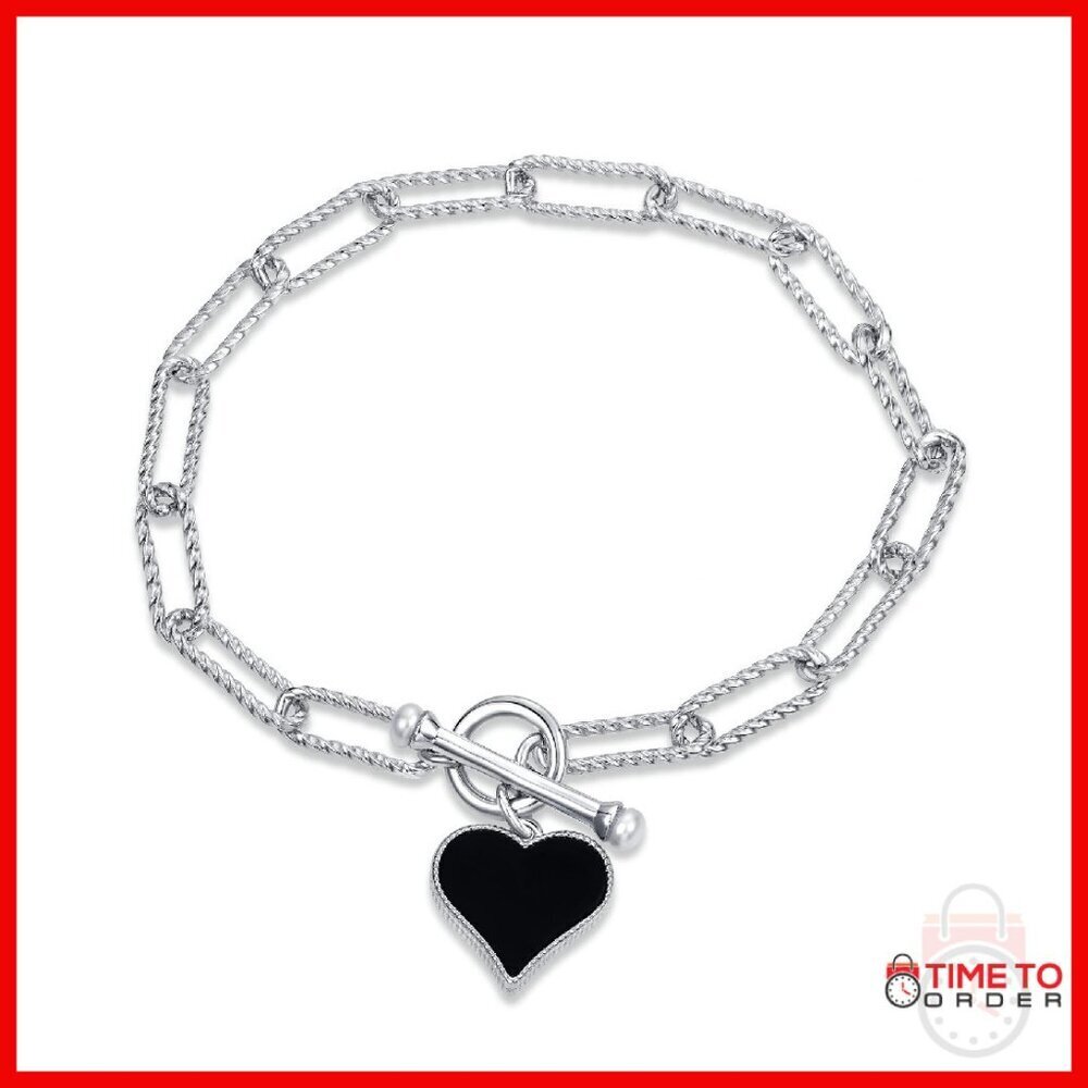 925 Sterling Silver Toggle Bracelet with Heart Charm, Women's Jewelry